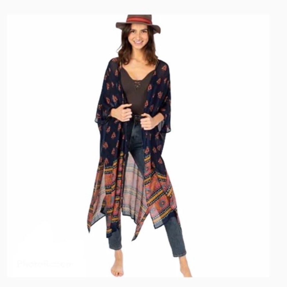 Natural Life Boho Bounty Navy Floral Light Weight 3/4 Sleeves Duster One Size - Picture 7 of 9